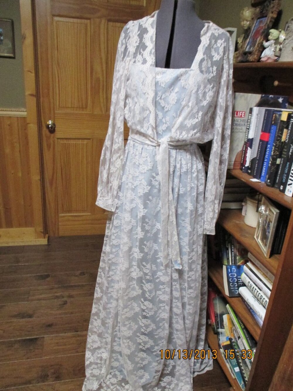 vtg 70s all lace formal dress lace jacket empire waist blue satin under lace 12
